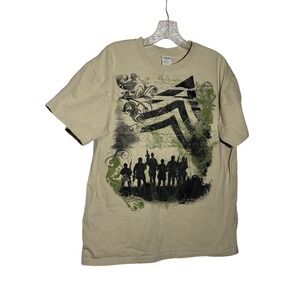 vintage Keya Mens Graphic T Shirt Military Soldiers patriotic Print Khaki Size L